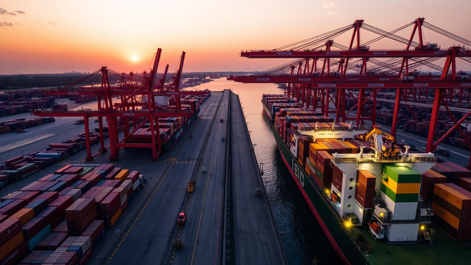Modern African container port at sunset — cranes loading a cargo vessel